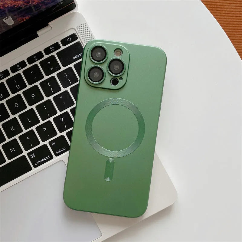 Aluminium alloy frame protective iPhone case with magnetic snap closure in dark purple colour with nickel detailing