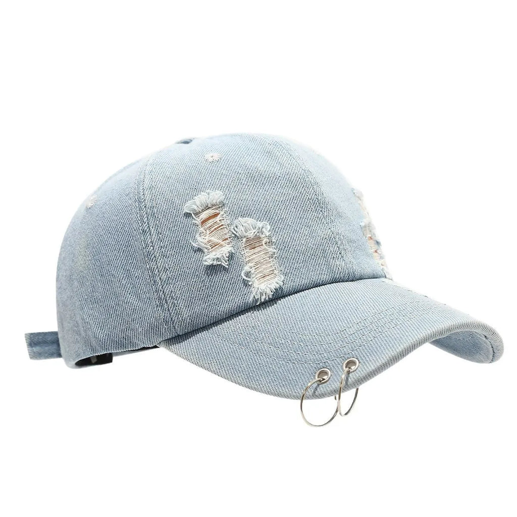 Men's denim peaked cap with dome crown and adjustable strap in black colour option