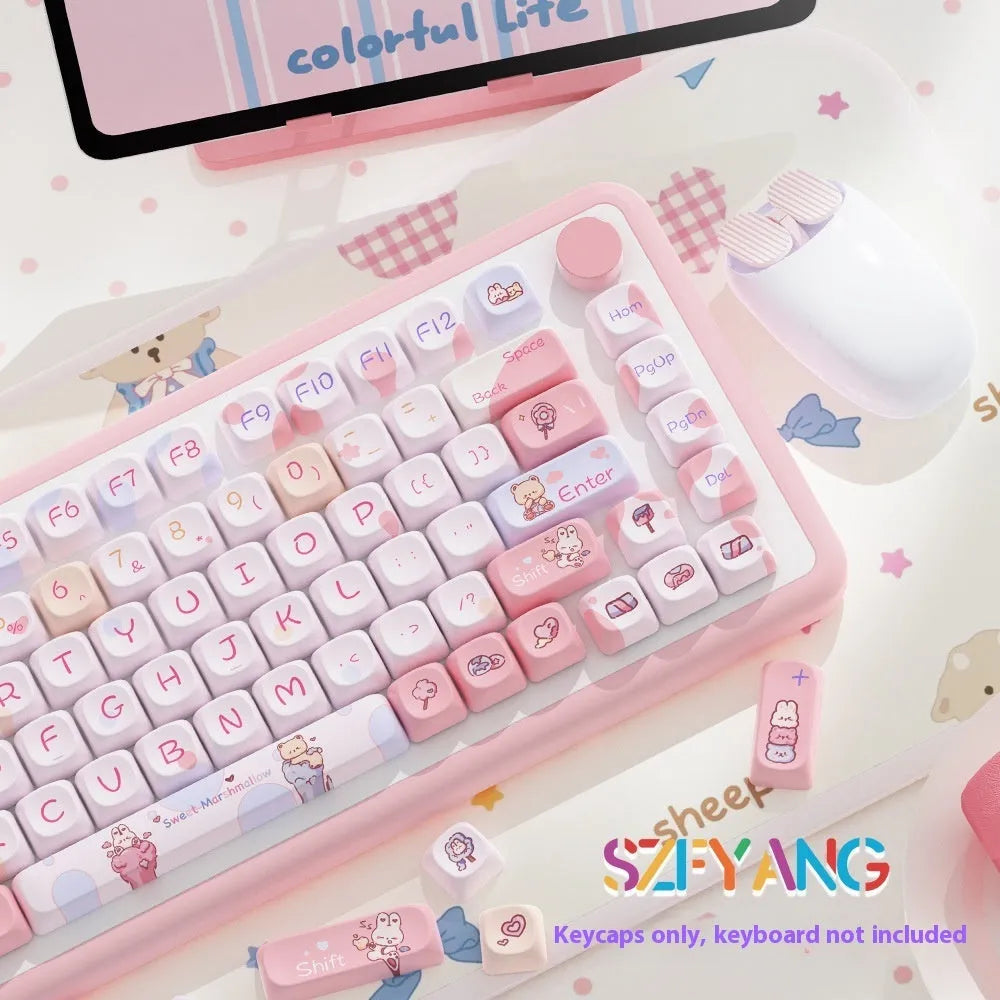 Sweet cotton candy coloured mechanical keyboard keycap set in a box.