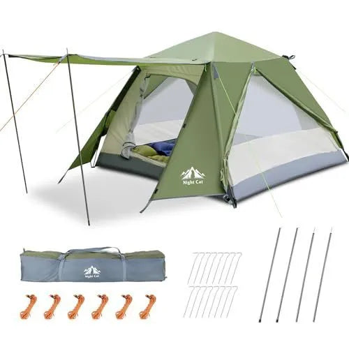 Dark green automatic pop-up camping tent for two people showing small house design
