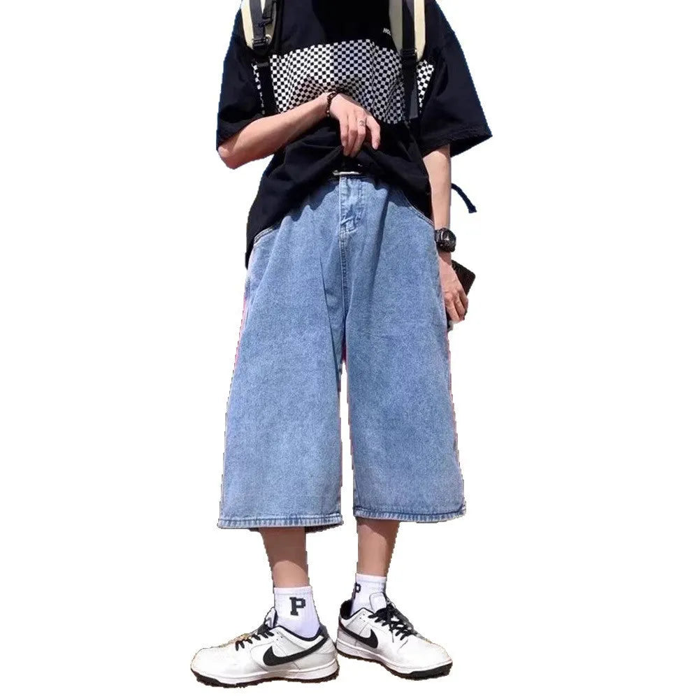 Men's high-waisted, cropped blue denim-style pirate shorts with a straight leg and zipper fly.