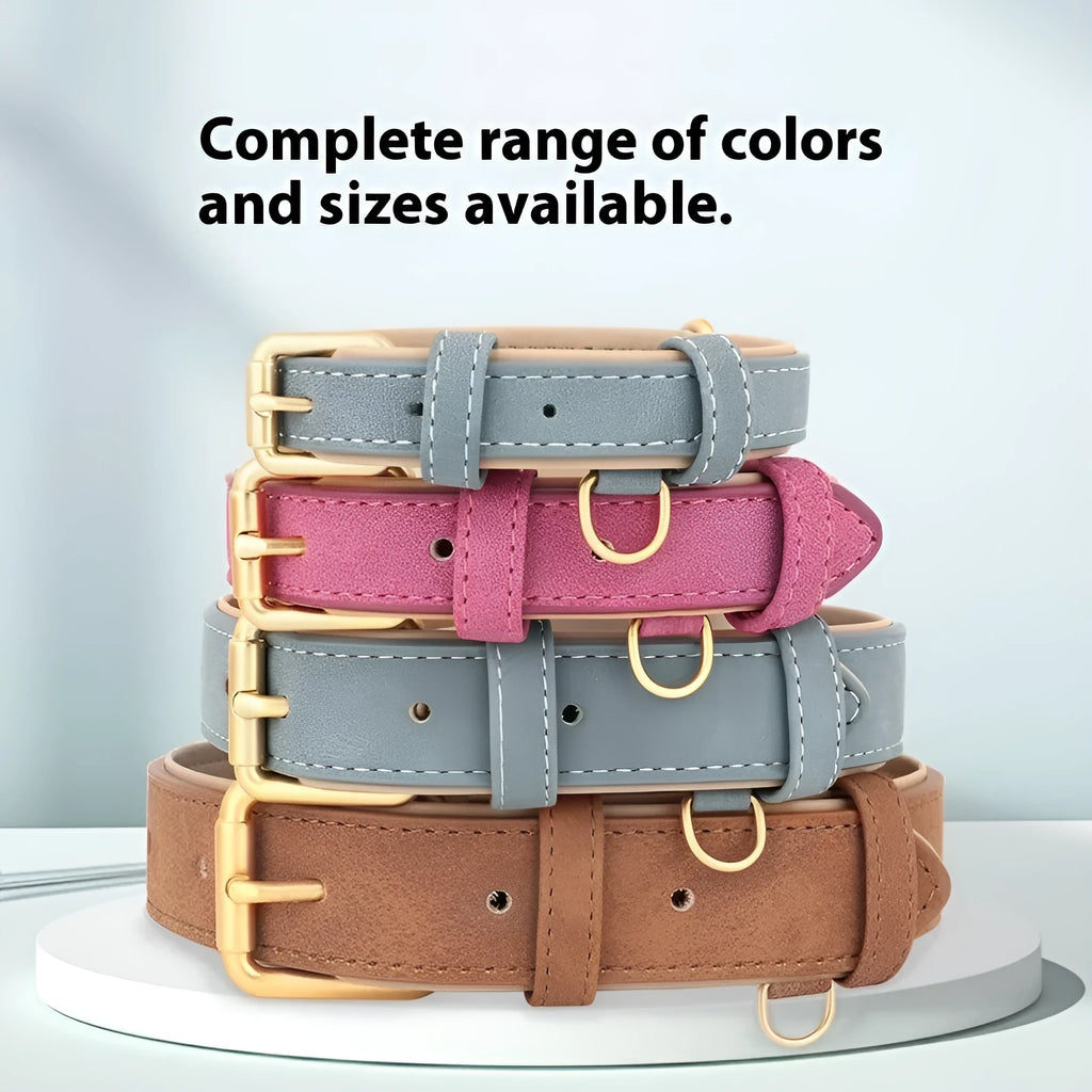 Double-layer mohair leather dog collar and matching lead in rose red, brown, or blue.