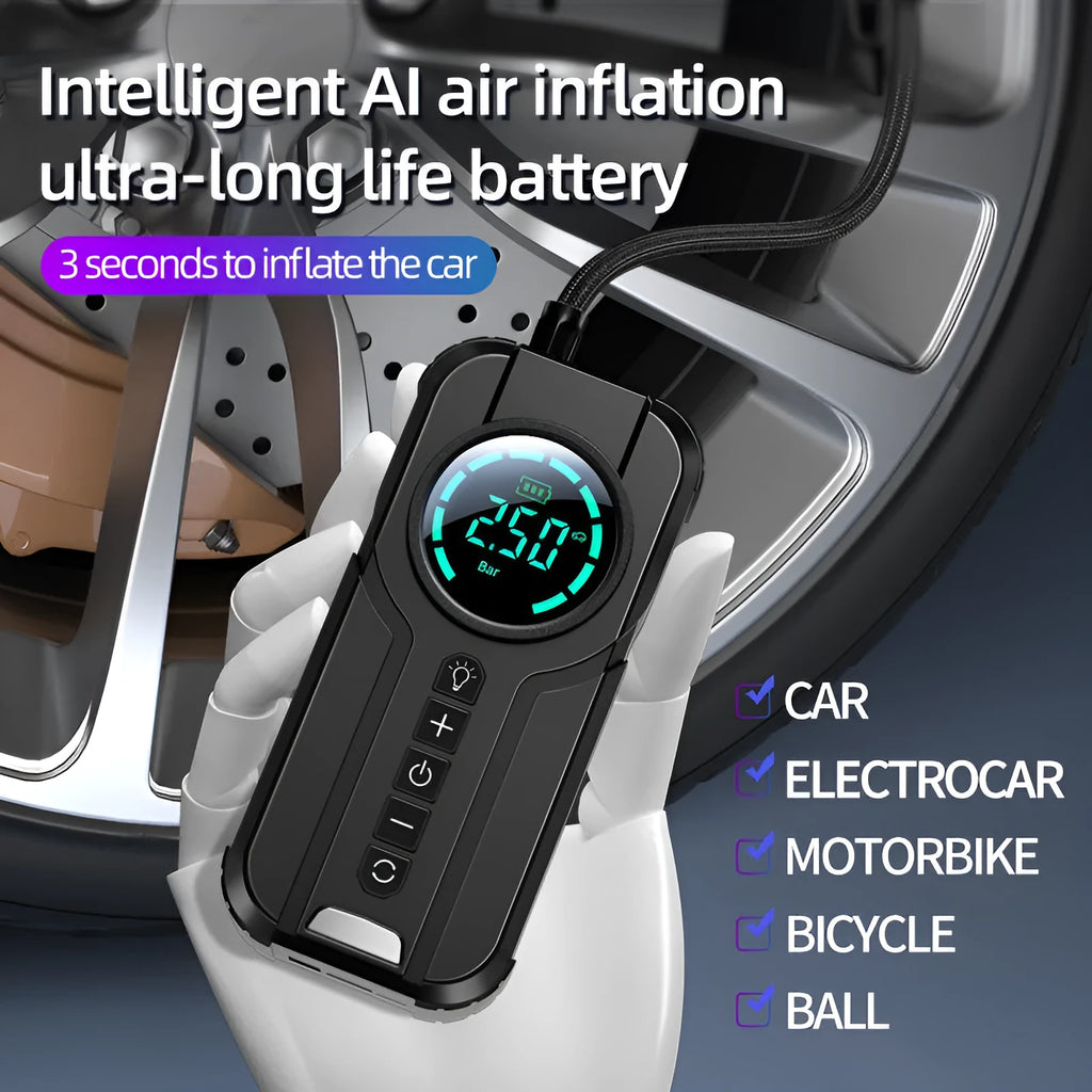 Black portable wireless car air pump with digital display, 12V plug, and accessories including nozzles on a grey background.