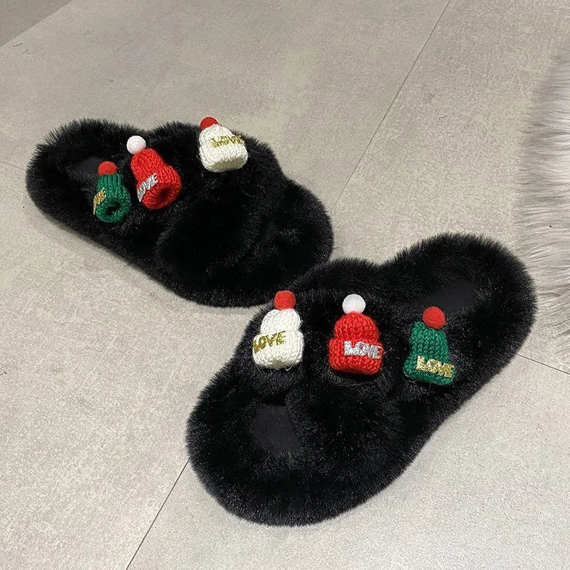 Women's Christmas hat design slippers with hairy faux plush upper, shown in black, khaki and white colour options.