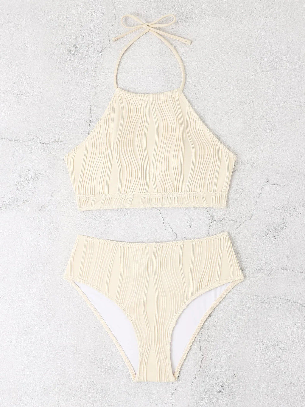 Women's high waist apron conservative swimwear two piece set in solid colour, polyester fabric, available in white apricot and black