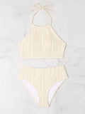 Women's high waist apron conservative swimwear two piece set in solid colour, polyester fabric, available in white apricot and black