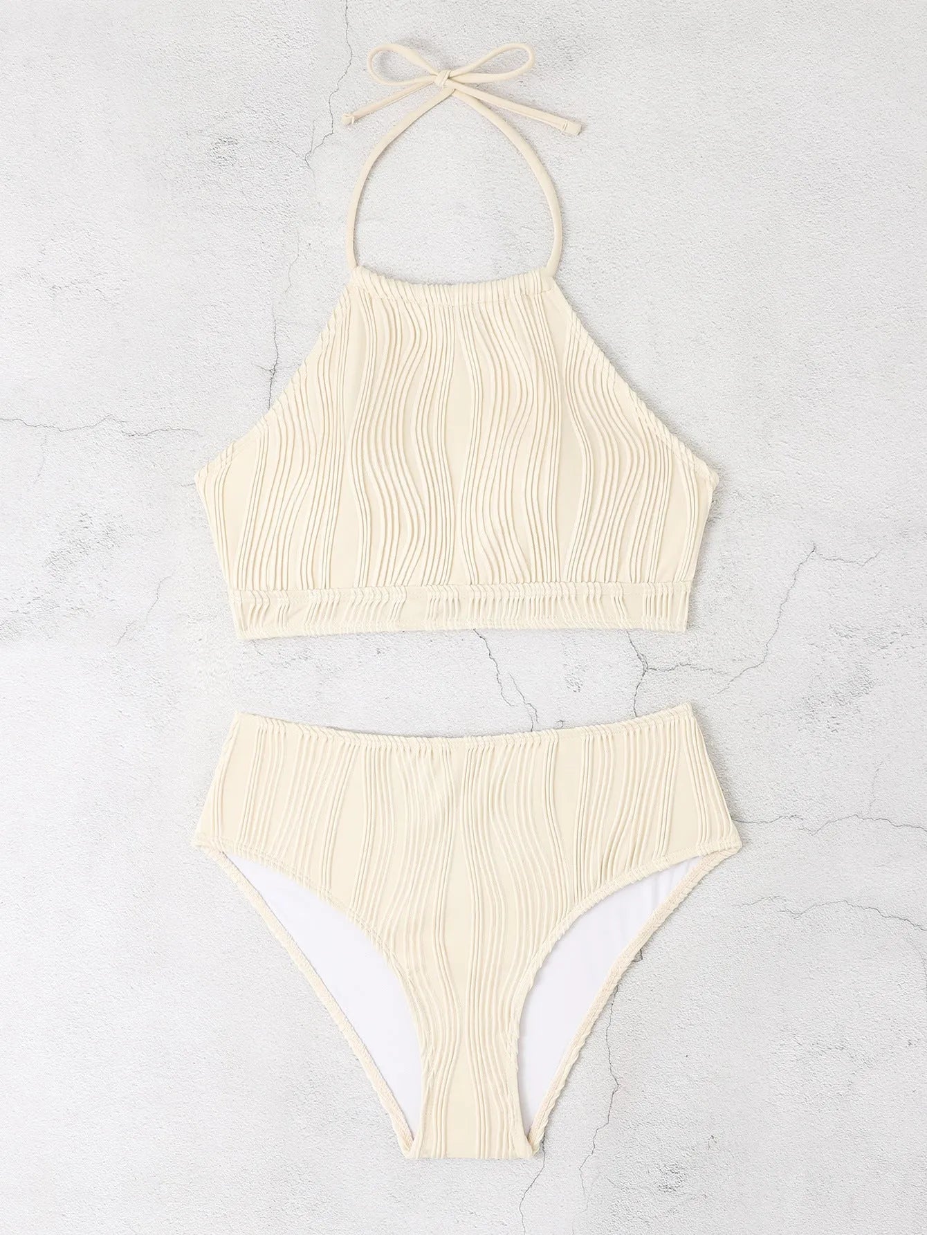 Women's high waist apron conservative swimwear two piece set in solid colour, polyester fabric, available in white apricot and black