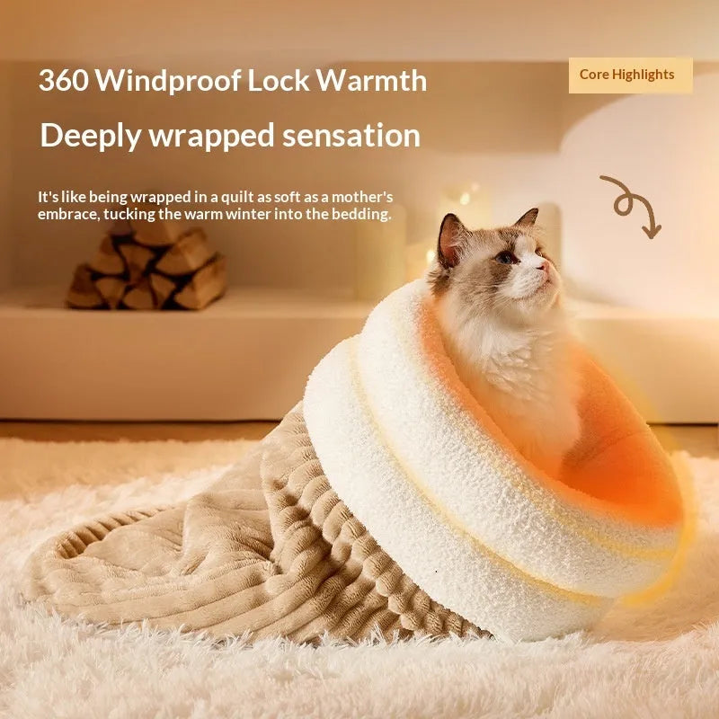 Personalised warm cat bed sleeping bag in cotton fleece, corduroy, and lamb fleece, available in beige and brown colours