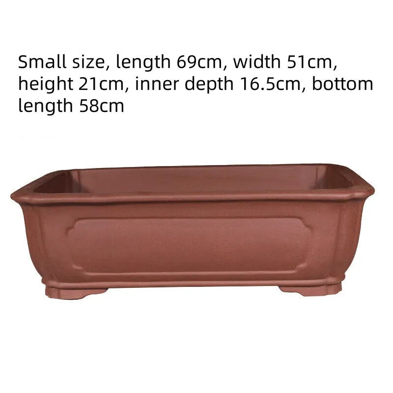 Handmade purple clay rectangular flower pot for bonsai and large plants, shown in three available sizes.