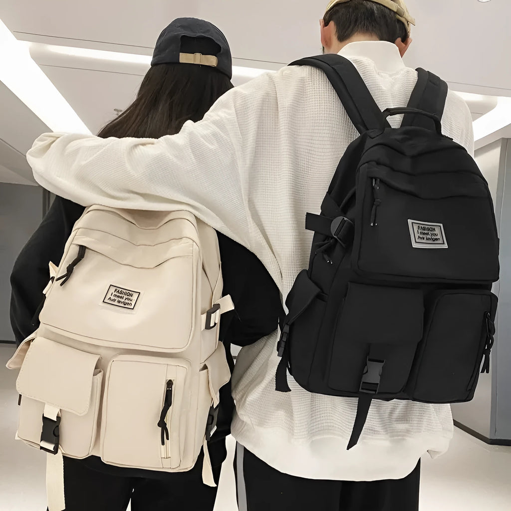 Soft nylon student backpack with computer compartment and three-dimensional pockets in black colour