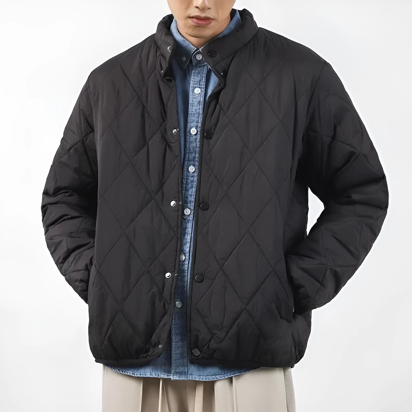 Men's black diamond lattice cotton-padded winter jacket with a lengthened 100cm silhouette and loose fit.