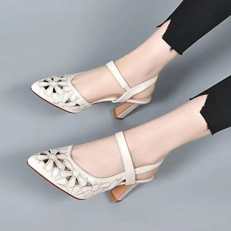 Women's pointed toe sandals in beige with hollowed toe box, back empty design, high heel, and rubber sole