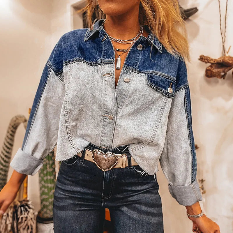 Women's single row multi-buckle denim coat in casual loose fit, cotton fabric, colour-matched design