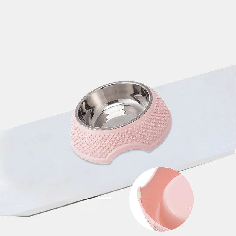 Stainless steel cat food bowl with non-slip base in blue colour on a grey background