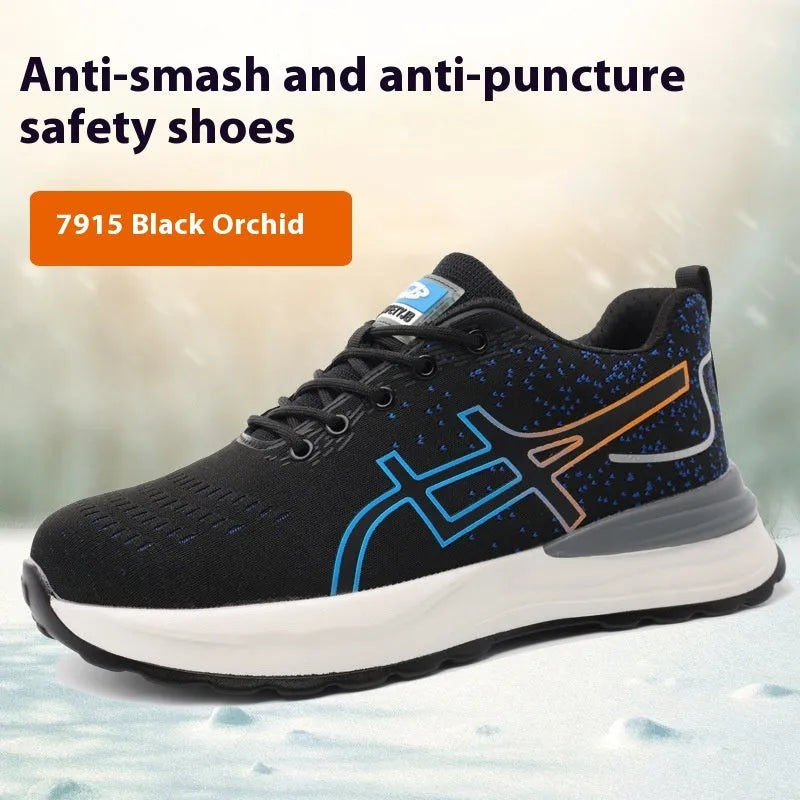 Brown leather labour protection safety shoes with rubber sole on work surface
