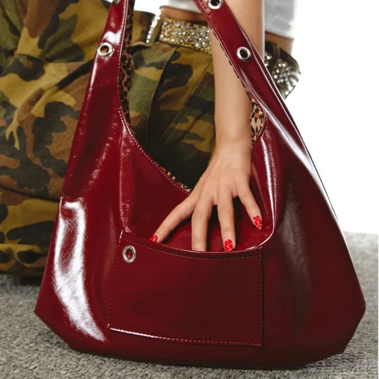 Red leopard print women's PU leather shoulder bag with crossbody strap and dumpling shape
