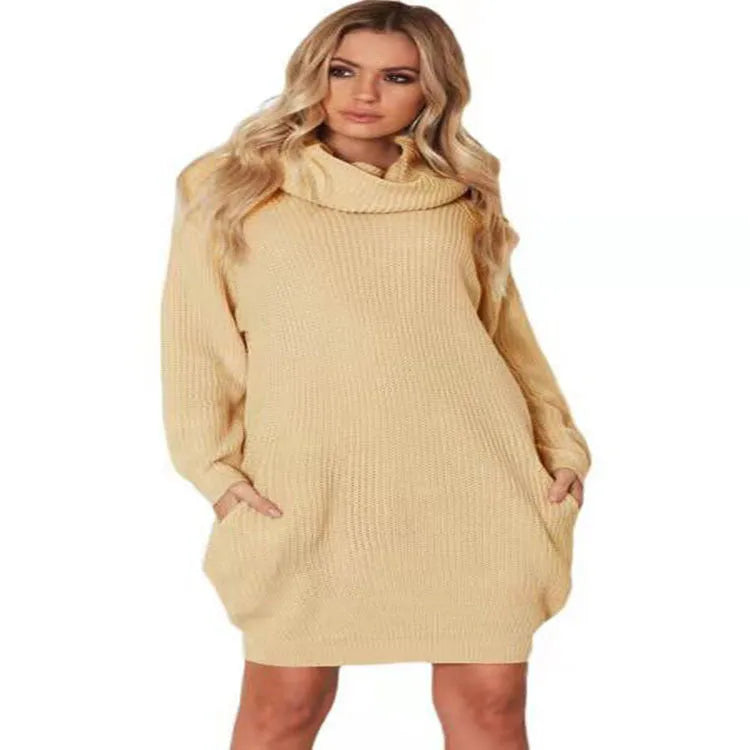 Women's loose fit lapel neck pullover sweater with pocket in light apricot colour.