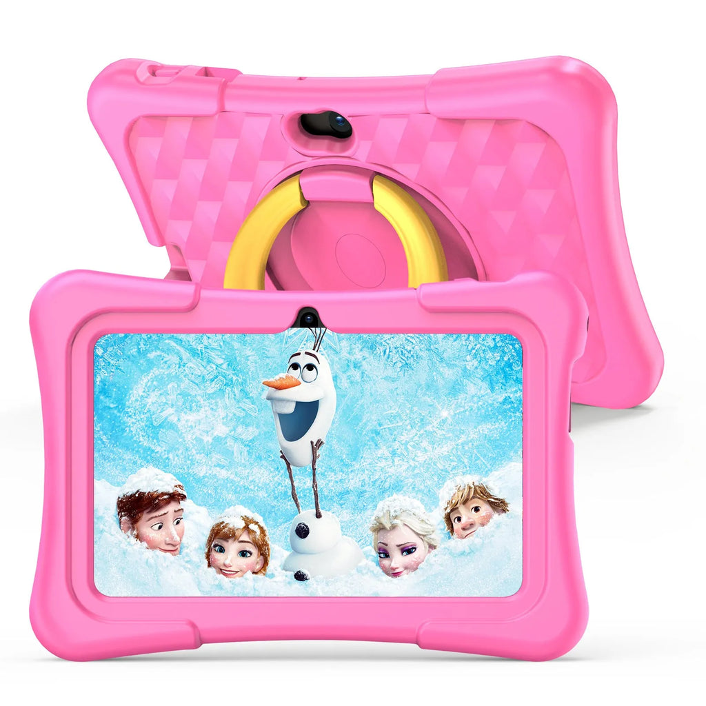 Blue 7-inch children's educational tablet with silicone protective cover and 360-degree rotation handle bracket