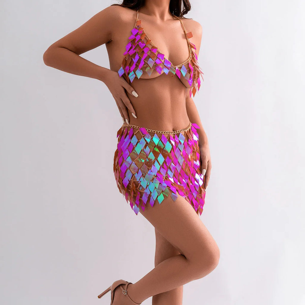 Women's geometric plastic body chain with electroplated finish in orange and blue colour options for beach casual wear