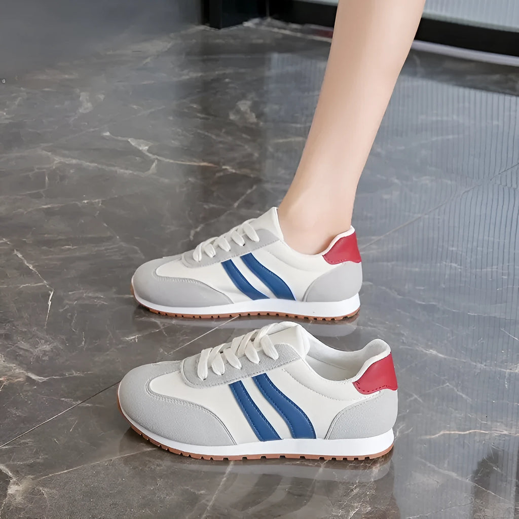 Blue and grey Cortez stripes casual shoes with round toe and flat rubber sole