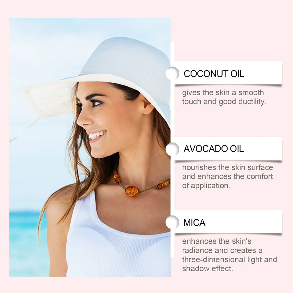 Sun Protection Body Oil 100ml bottle with ingredients including vitamin E, coconut oil, and avocado oil for UV defence and subtle shimmer