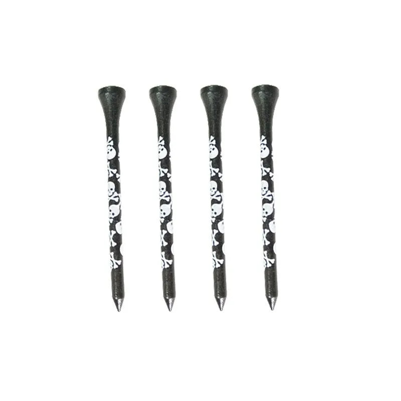 Ten bamboo dowel pins for golf spikes in two lengths with black skull print.