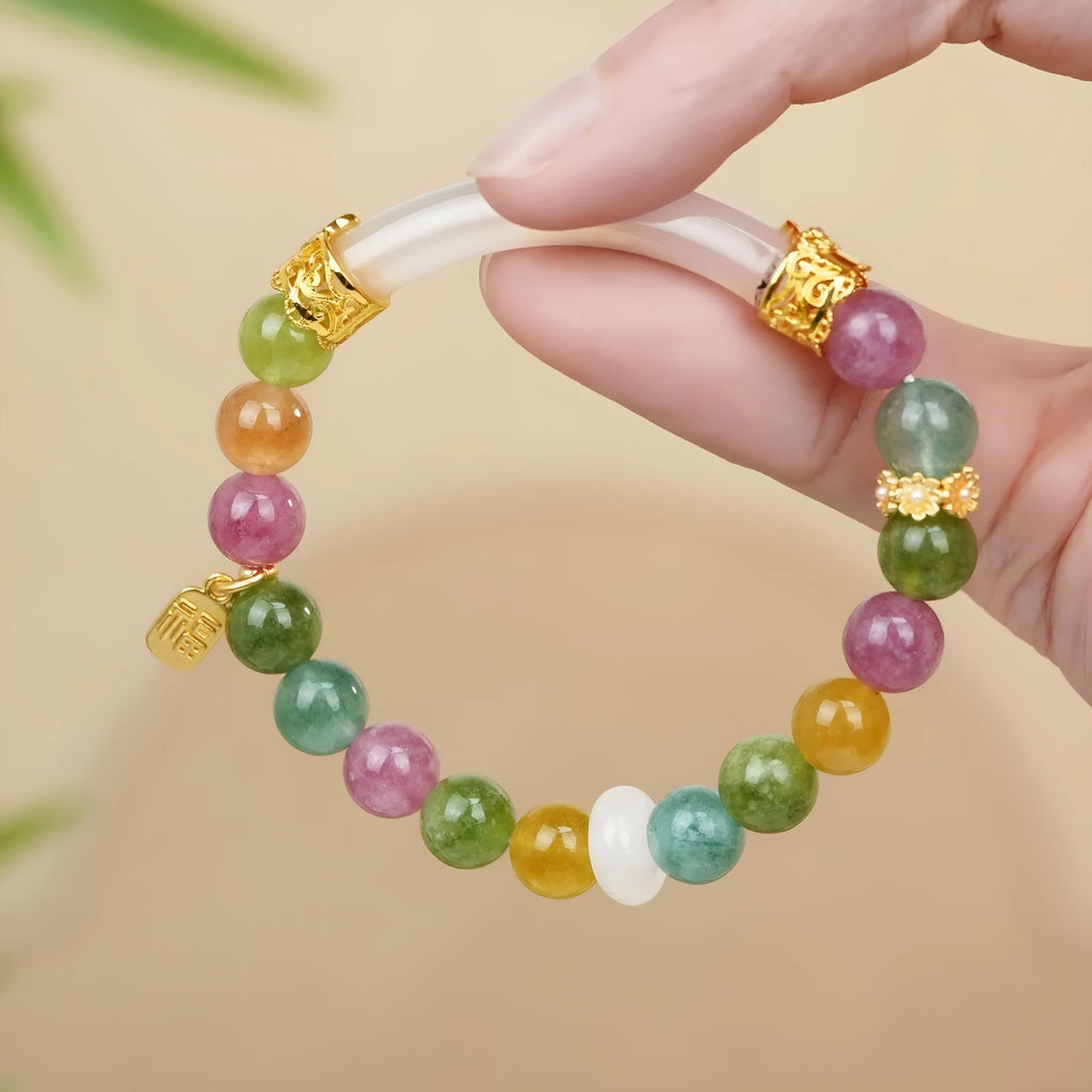 Natural jade rainbow tourmaline half bracelet for women with electroplated finish, 20g weight