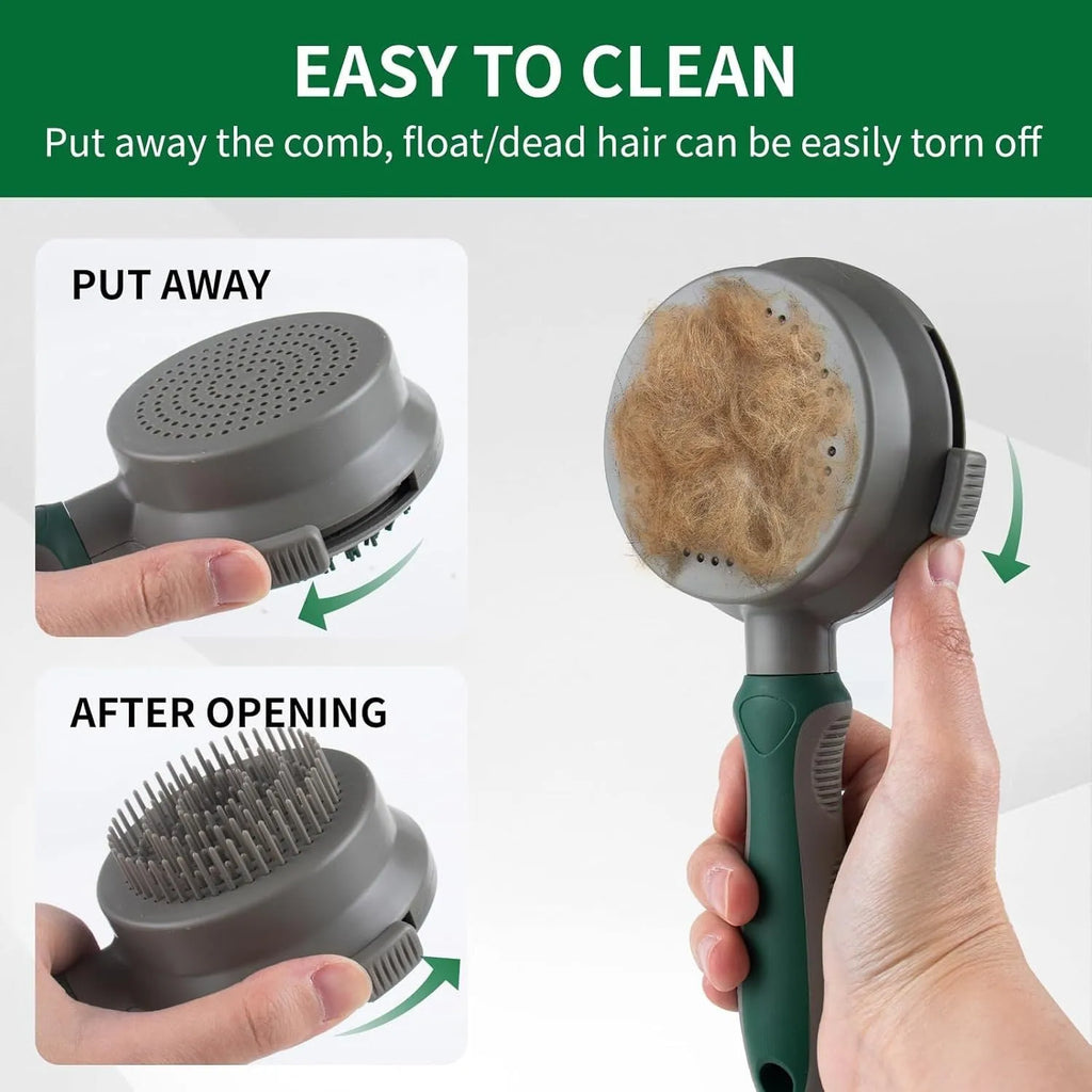 Green dual-sided pet grooming brush showing retractable slicker brush on one side and silicone massage head on other side