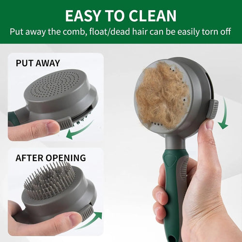 Green dual-sided pet grooming brush showing retractable slicker brush on one side and silicone massage head on other side