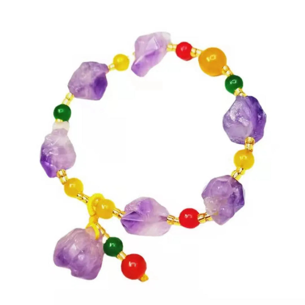 Natural shaped amethyst bead bracelet for women with a fu character charm.