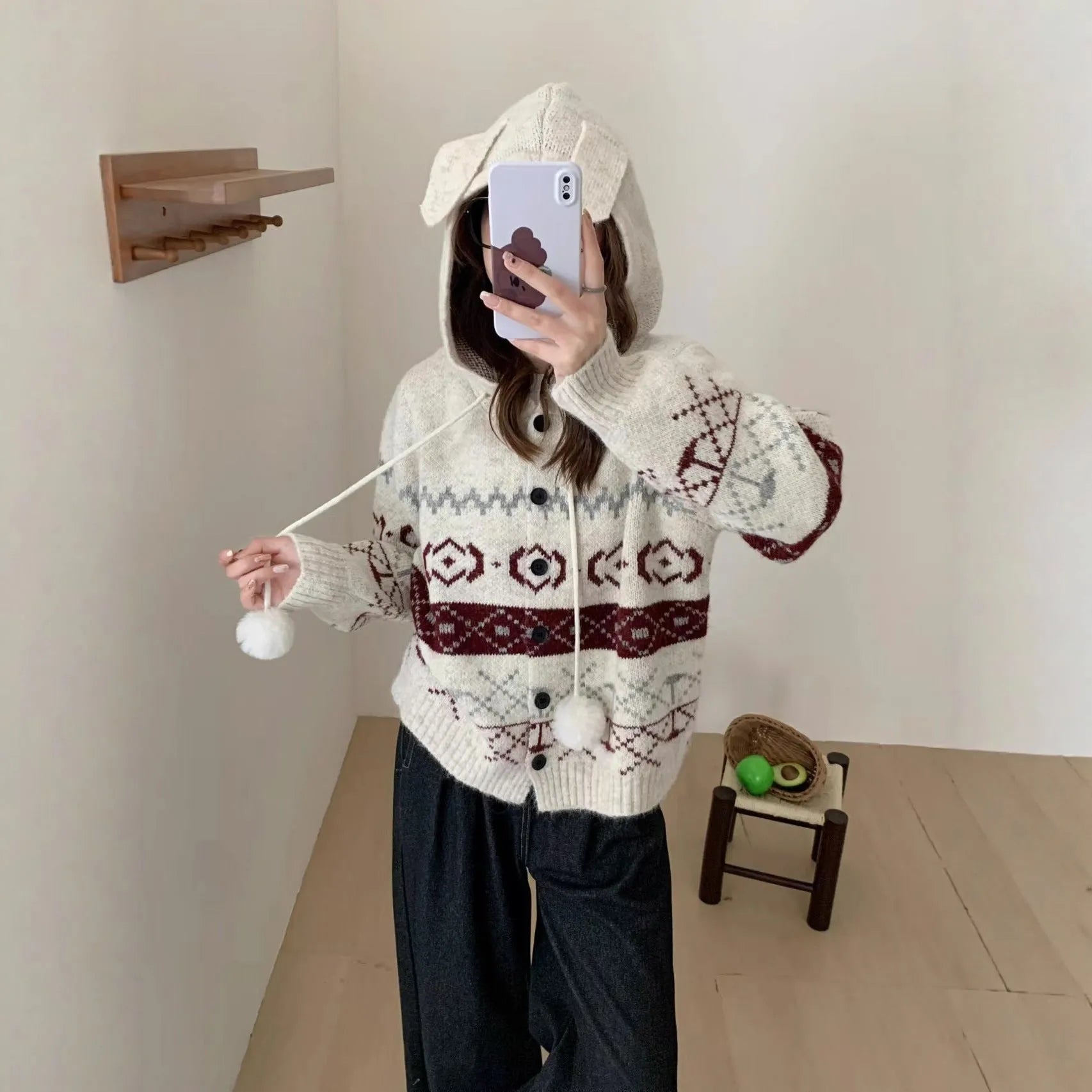 Women's brocade sweater coat with geometric pattern in milky white colour