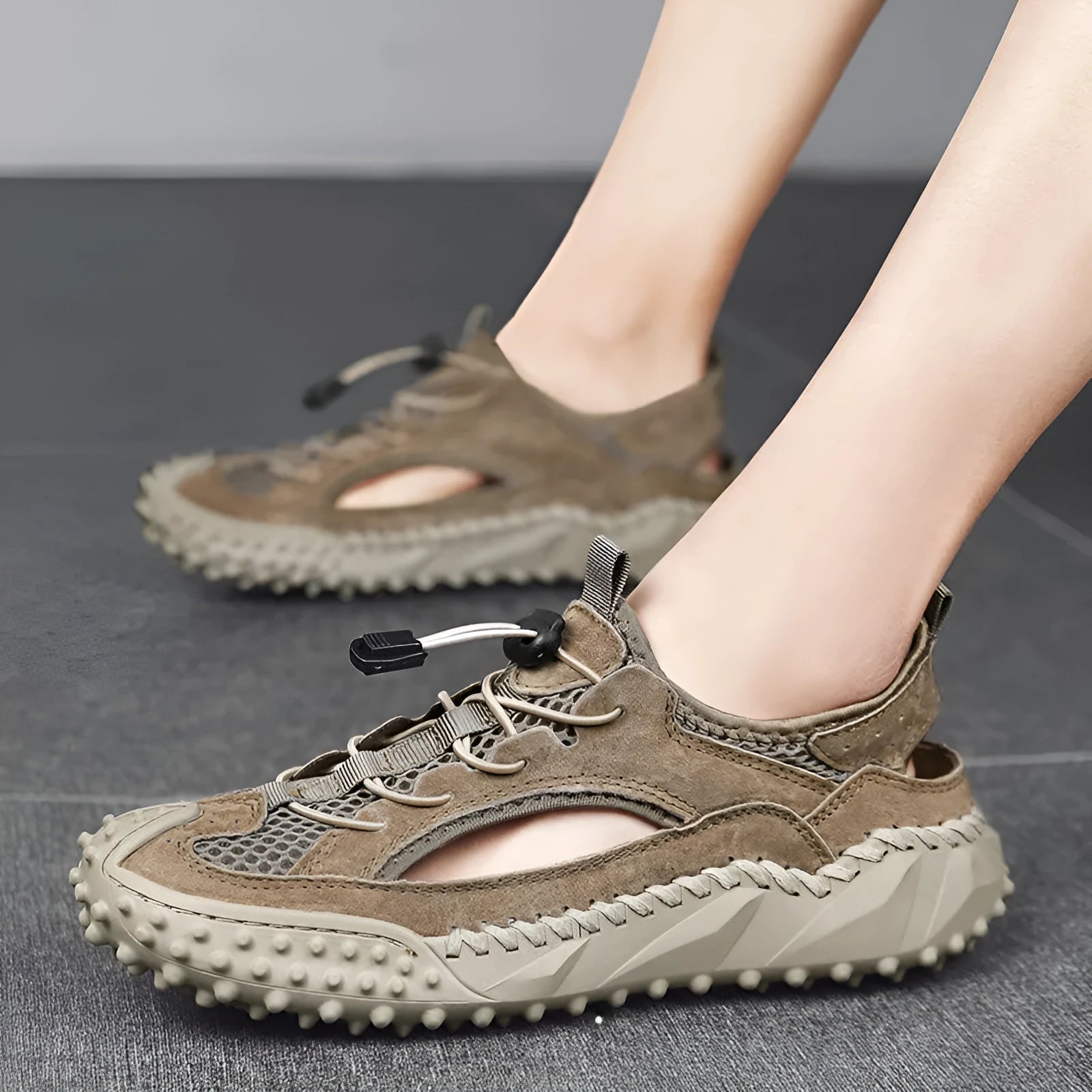 Men's non-slip hollow wading sandals in 8854 Black with leather mesh upper and rubber sole