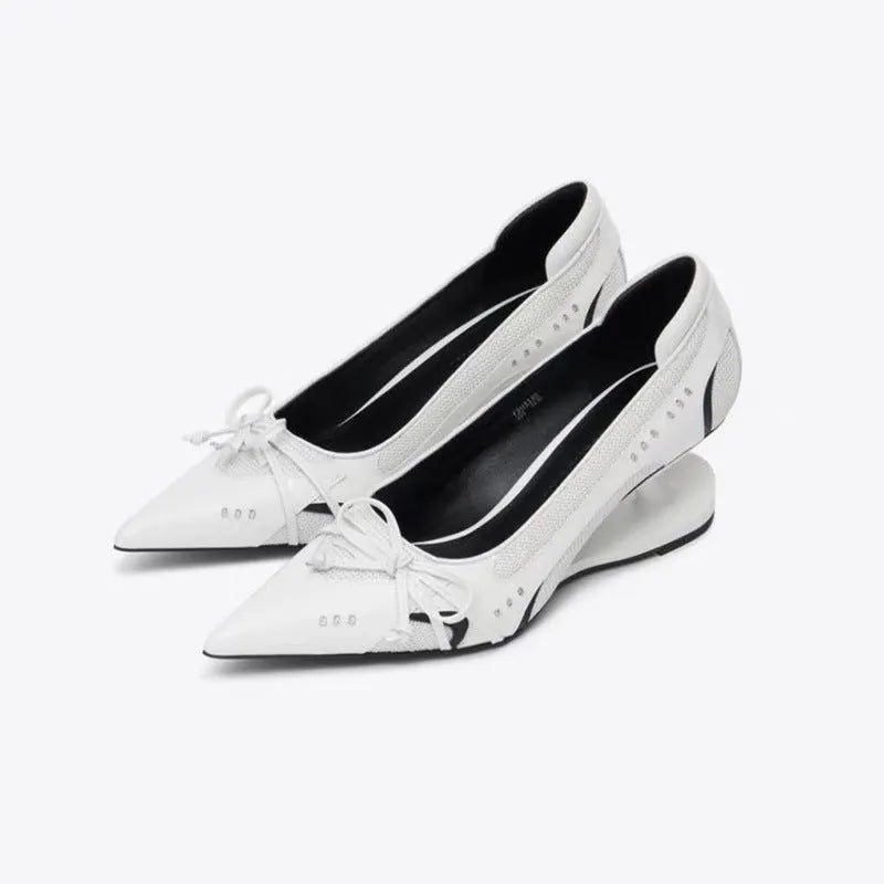 Women's black pointed toe microfiber leather Mary Jane shoes with floating heel and slip-on design