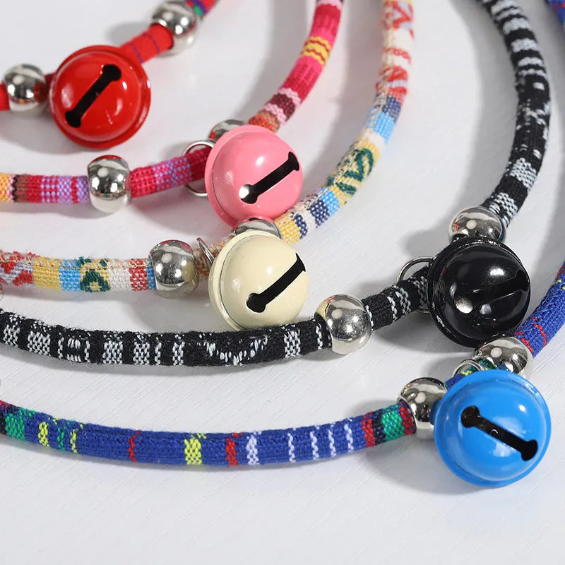 Adjustable ethnic style pet collar with bell necklace pattern in multiple colour options