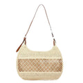 Women's casual straw cross body bag in khaki colour with a cross body strap and outer pocket.