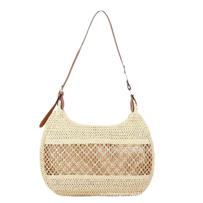 Women's casual straw cross body bag in khaki colour with a cross body strap and outer pocket.