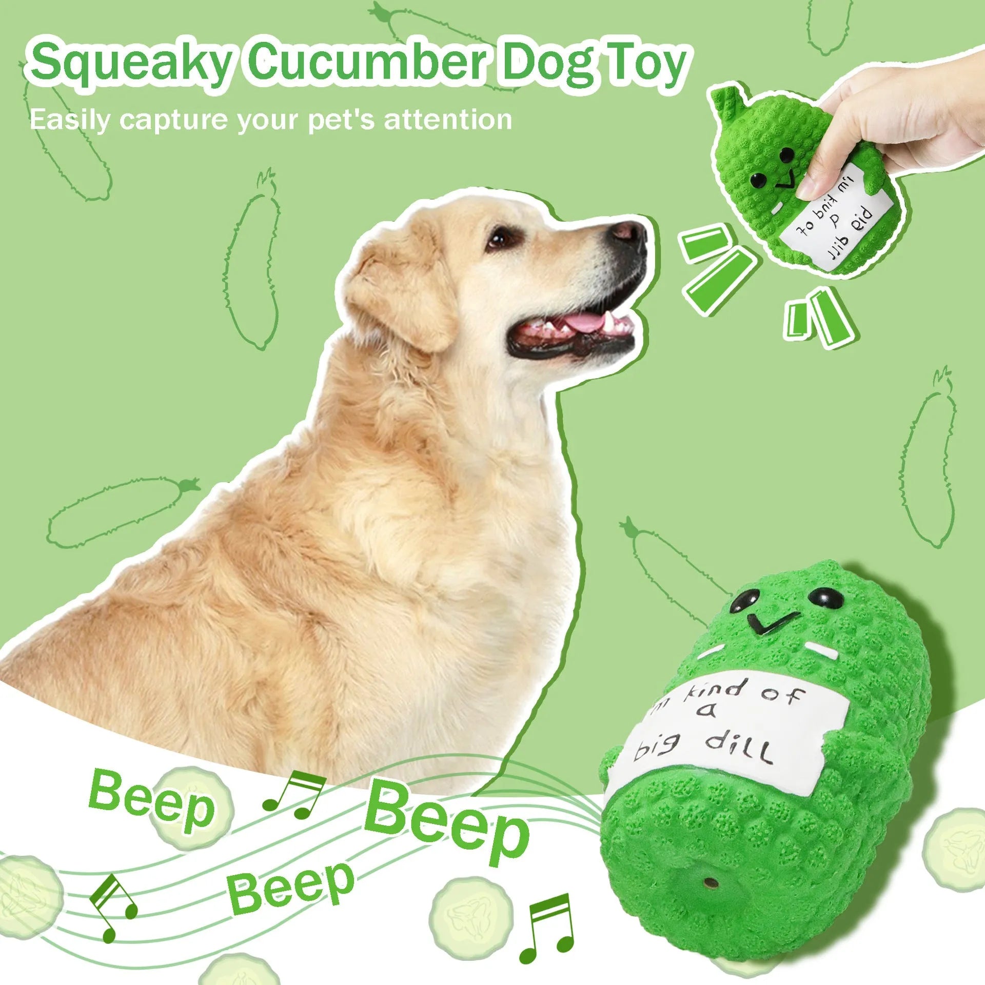 Green pickle-shaped latex dog squeaky toy with textured surface for chewing.