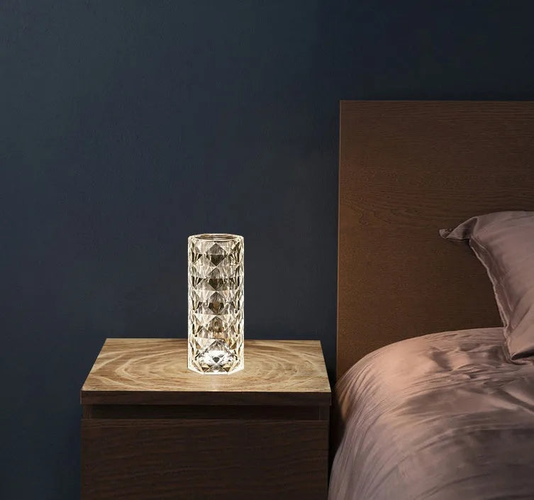 Nordic crystal USB touch table lamp with acrylic shade, diamond pattern, 16 colour remote control, black finish
