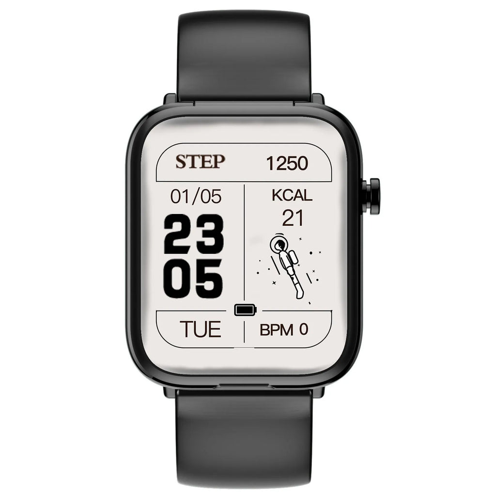 Black zinc alloy smartwatch with 1.69-inch touchscreen next to its magnetic charging case for TWS earbuds.