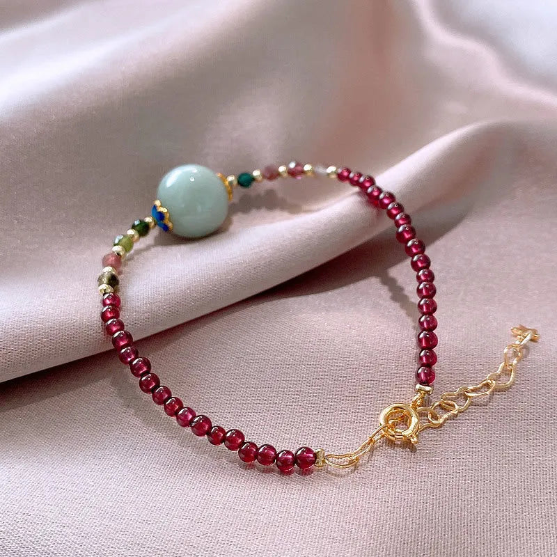 Women's Chinese style garnet tourmaline bracelet with drop shape beads and electroplated finish