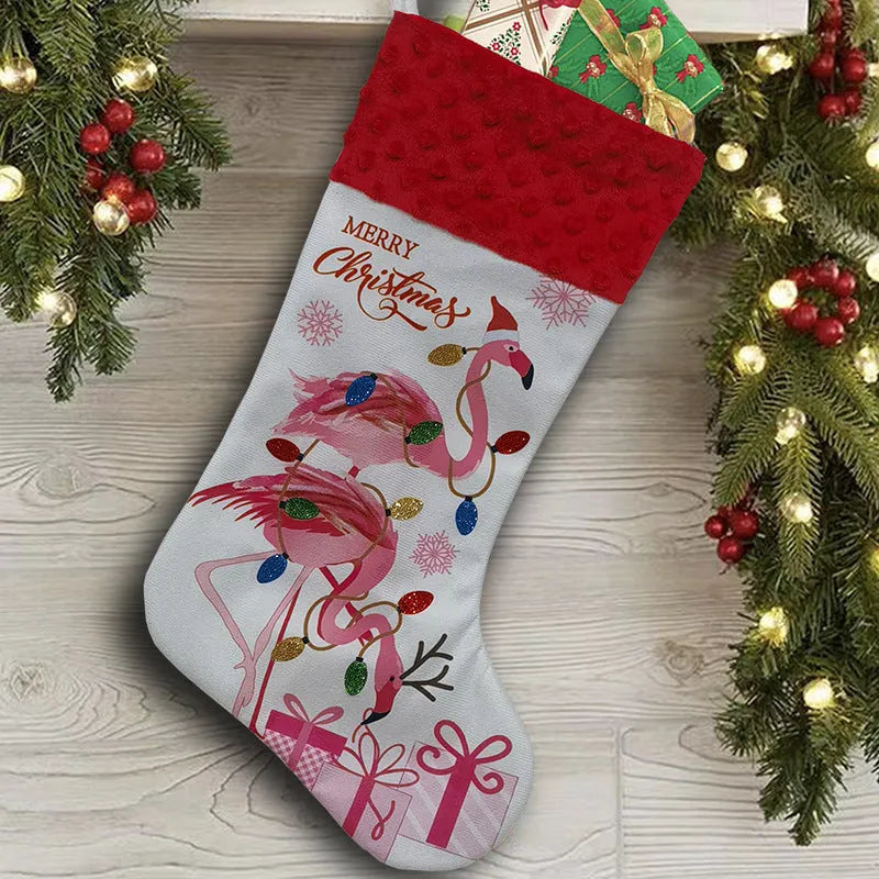 Flamingo Christmas stocking decoration measuring 46cm by 28cm in cloth material