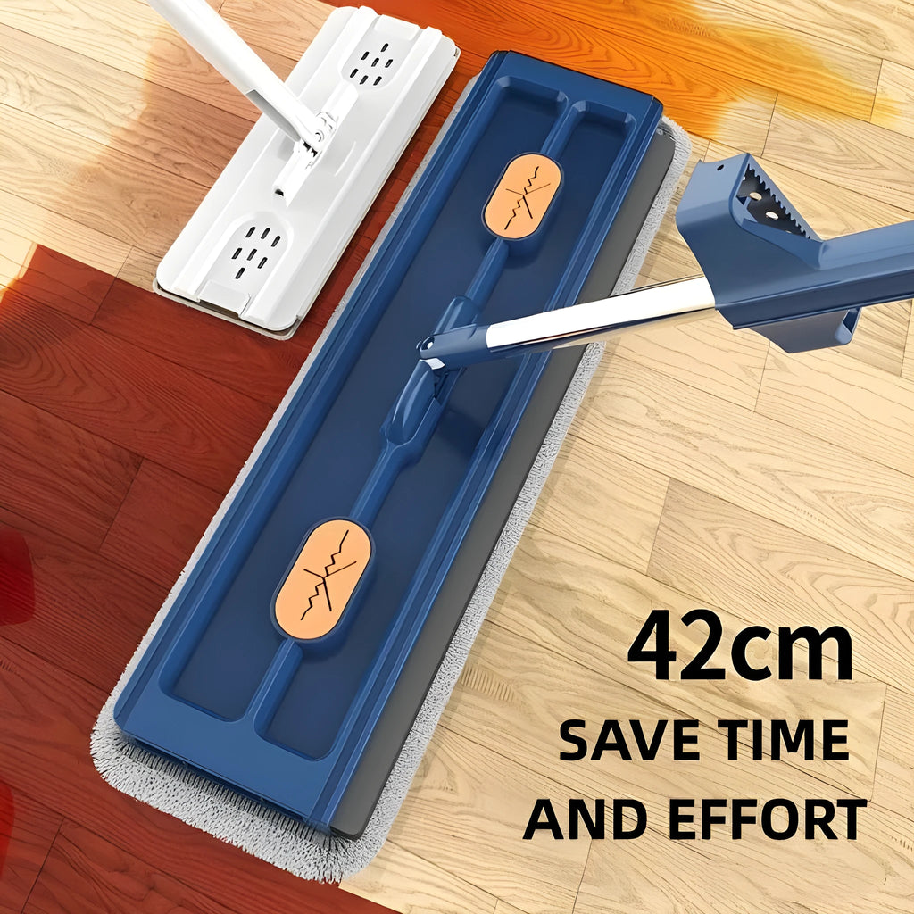Large flat mop with rotating blue head on stainless steel handle next to white and blue cleaning cloths