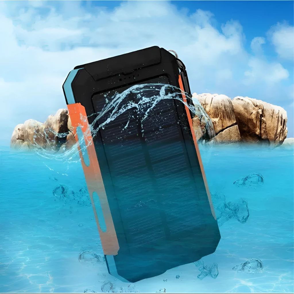 20000mAh solar power bank with compass and dual LED flashlights in black blue
