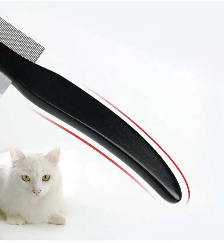 Double-sided stainless steel pet deshedding comb with wood handle for cat or dog grooming, black colour