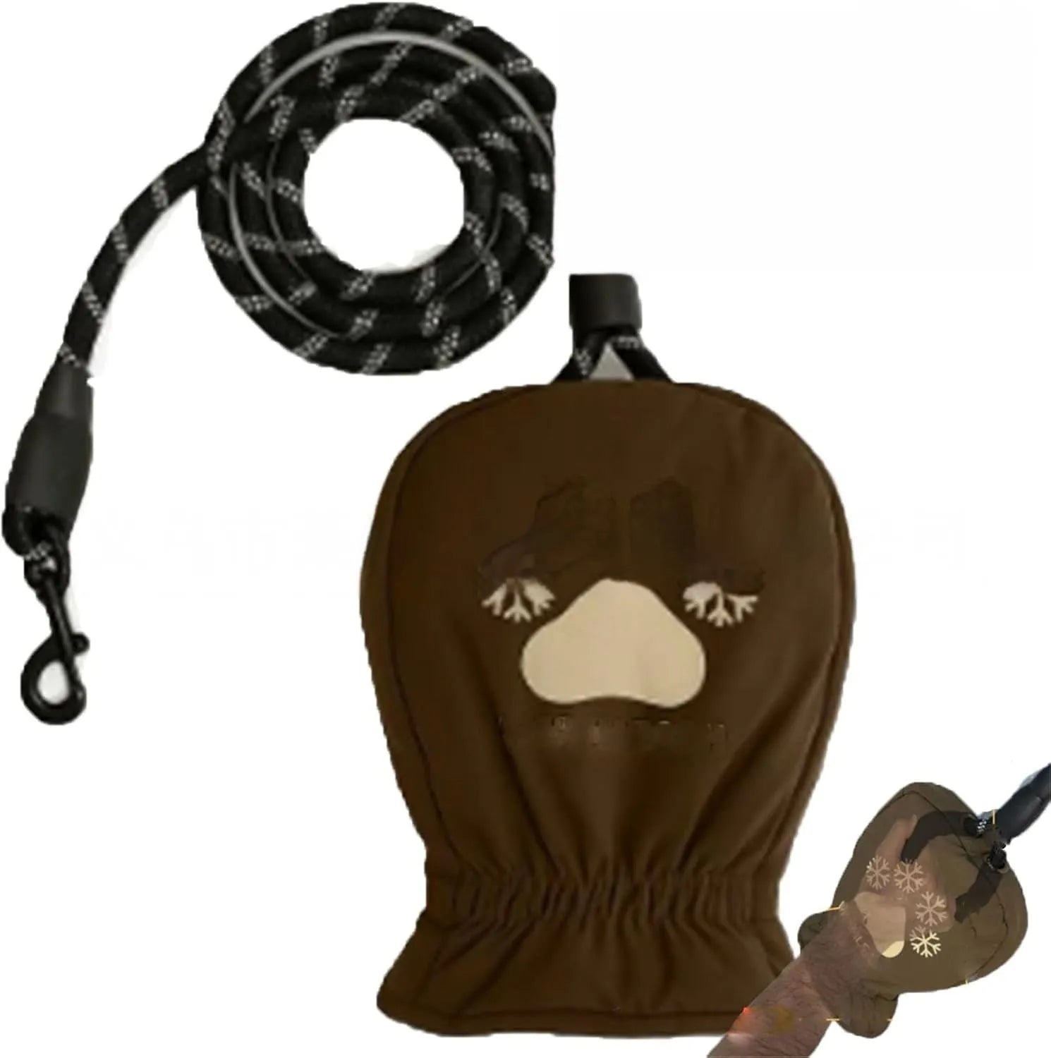 Brown fabric dog leash with built-in glove for warm hands, 1.2m or 2m length
