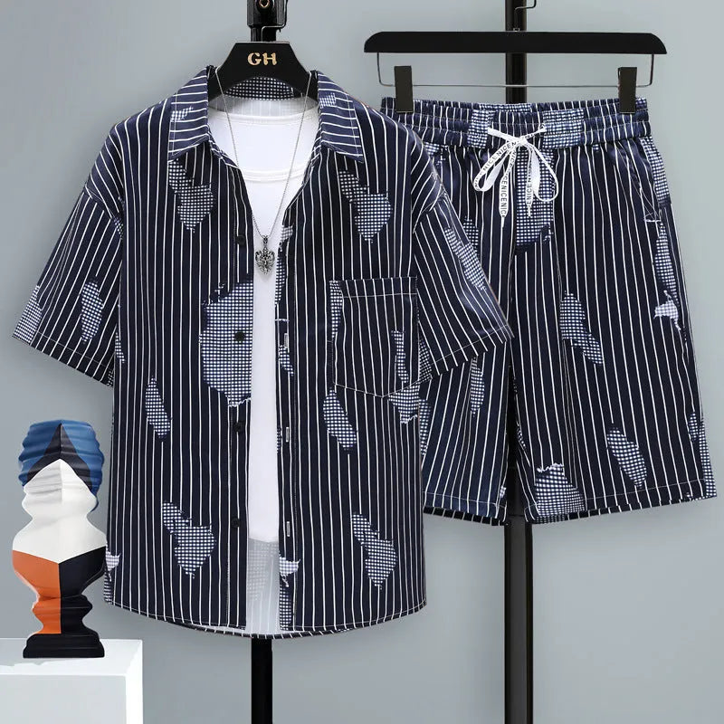 Men's casual polyester sports shorts two-piece set with matching short sleeve top