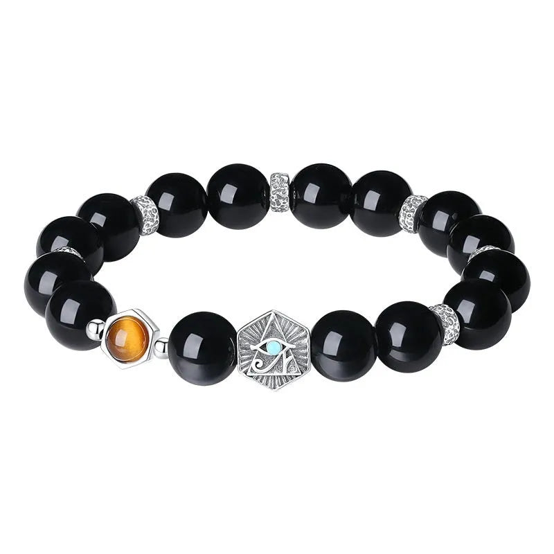 Men's S925 sterling silver God's Eye obsidian bracelet with 8mm geometric beads on a neutral background