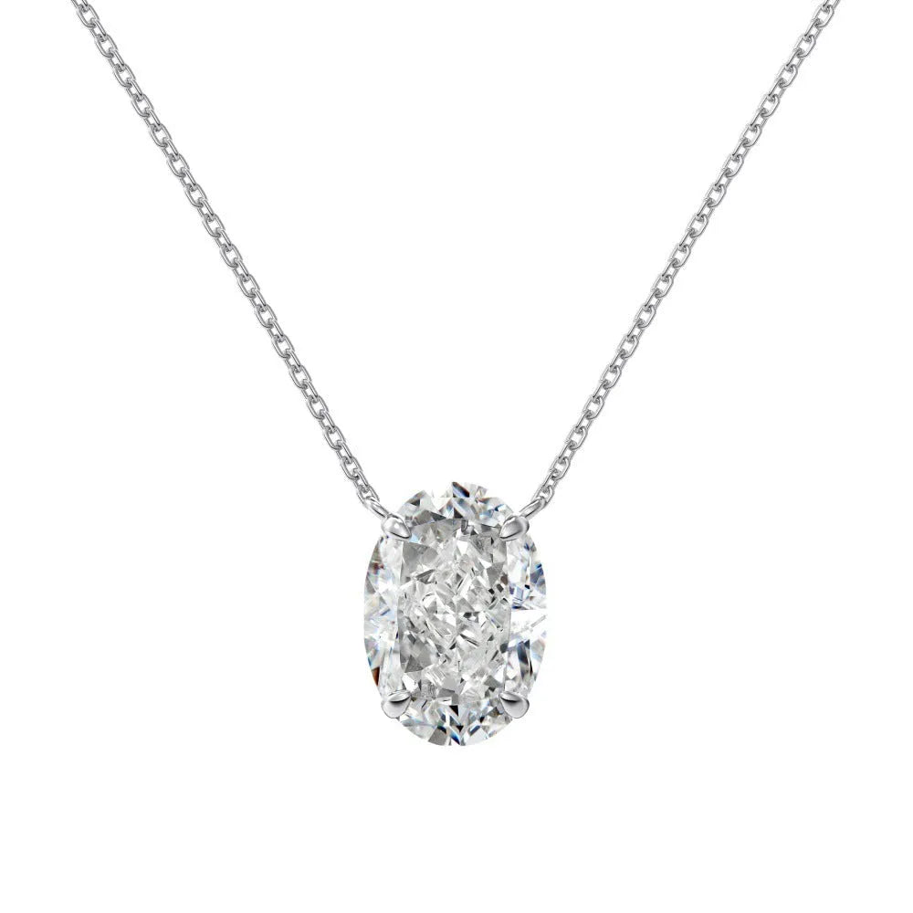 Sterling silver necklace with geometric oval ice flower pendant in electroplated platinum or gold finish