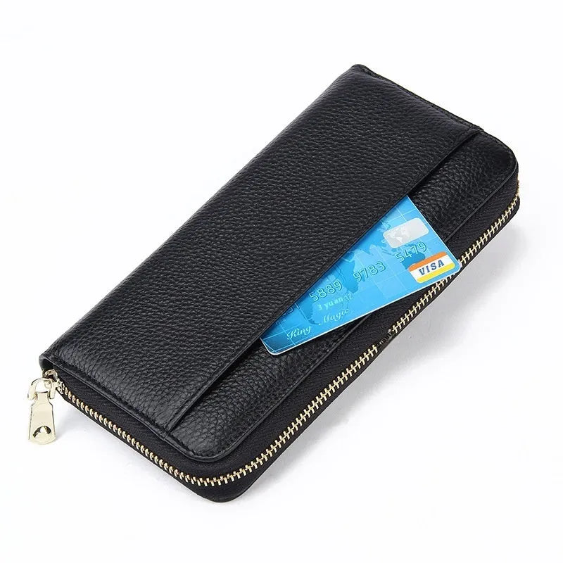 Long genuine leather women's wallet in urban simplicity style, shown in various solid colours