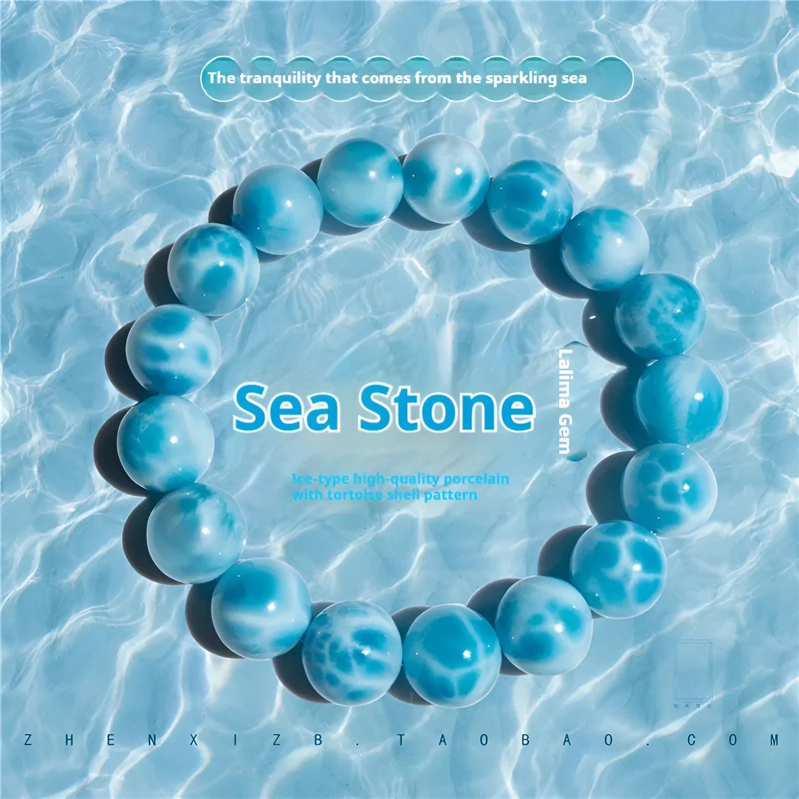 Blue handmade Bodhi bracelet with sea-pattern crystal stone and pearl accent in Maillard style.